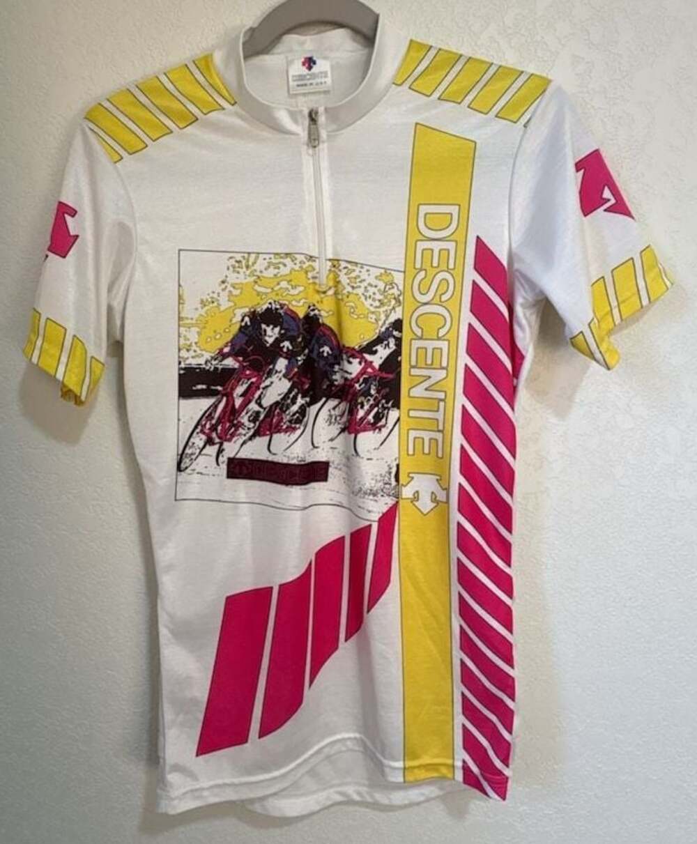 Descente 1/4 Zip Cycling Jersey, White with Yellow and Pink Graphics, Medium